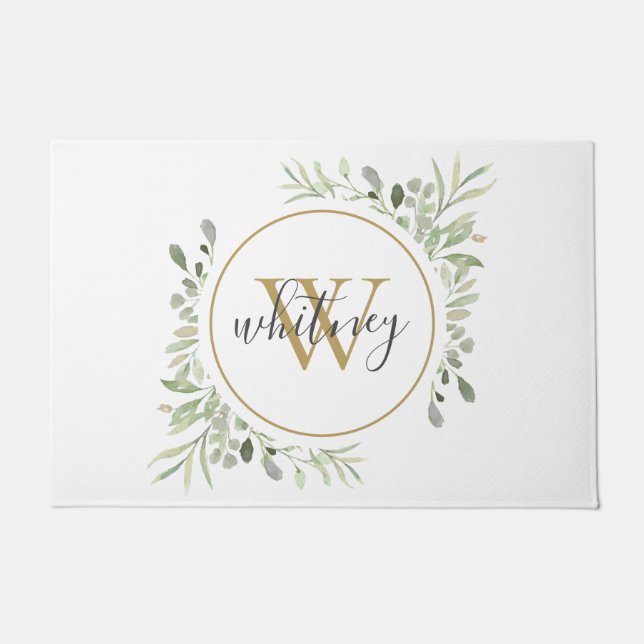 Greenery Gold Monogram Girly Script Fußmatte (Vorderseite)