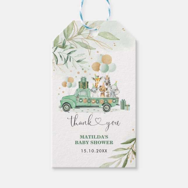 Greenery Gold Safari Jungle Animals Baby Shower Geschenkanhänger (Vorderseite)