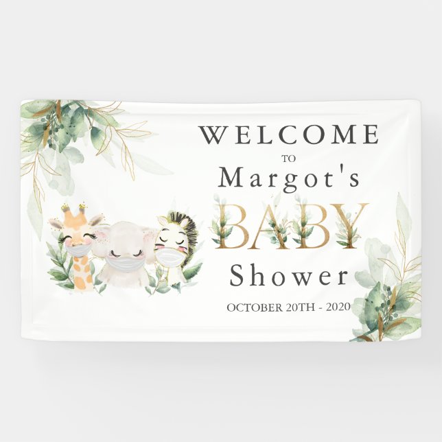 Greenery Gold Safari Tierwagen mit Babydusche Banner (Horizontal)