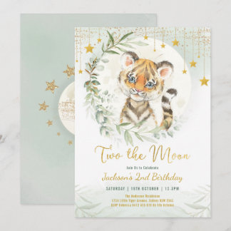 Greenery Gold Tiger Zwei der Mond 2. Geburtstag Einladung