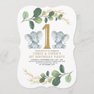 Greenery Gold Twin Elephant 1. Geburtstag Wild One Einladung