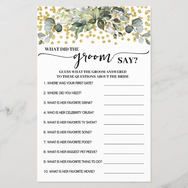 Greenery Gold Was hat Groom Say Shower Game Card Flyer (Vorne)