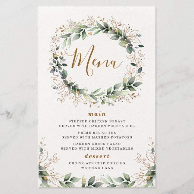 Greenery Gold Watercolor Leaf Wedding Menu Cards (Vorderseite)