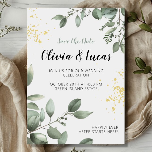Greenery & Gold Wedding Einladung mit Script-Schri (Von Creator hochgeladen)