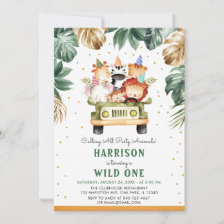 Greenery Gold Wild One Safari Tiere 1. Einladung