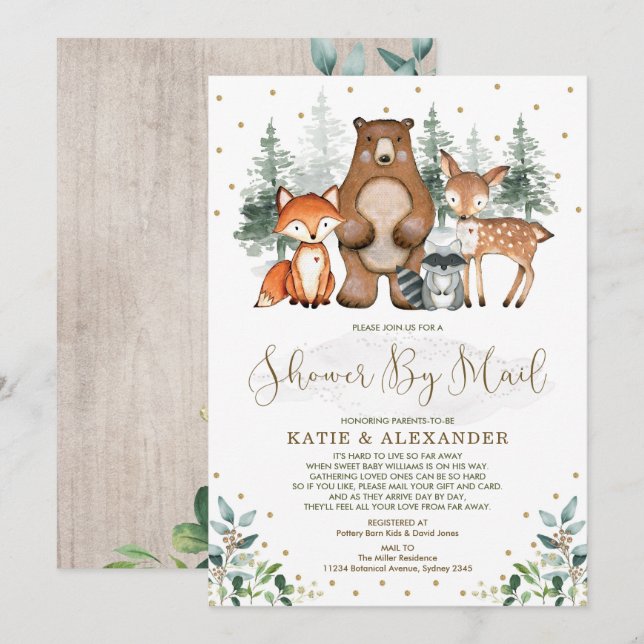 Greenery Gold Woodland Animals Baby Shower by Mail Einladung (Vorne/Hinten)