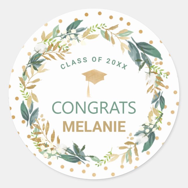 Greenery Gold Wreath Graduierungskappe Runder Aufkleber (Vorderseite)