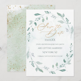 Greenery Gold Wreath Wasserfarbe Save the Date Einladung