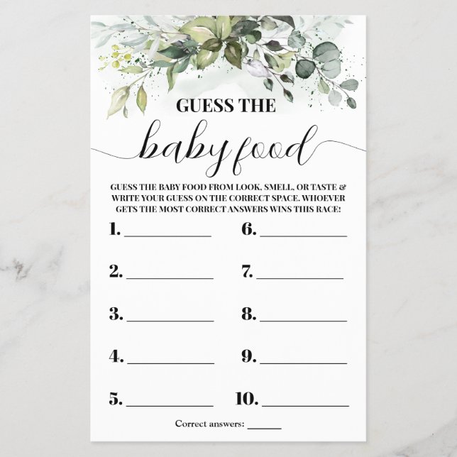 Greenery Guess the Baby Food Shower Game Card Flyer (Vorne)
