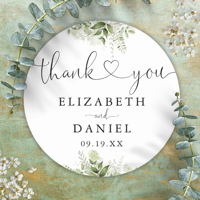 Greenery Heart Script Vielen Dank Gastgeschenk Hoc Runder Aufkleber (Greenery Heart Script Thank You Wedding Favor Classic Round Sticker)
