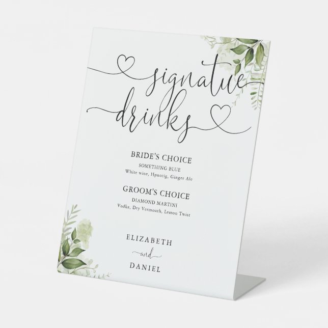 Greenery Heart Script Wedding Signature Drinks Sockelschild (Vorderseite)