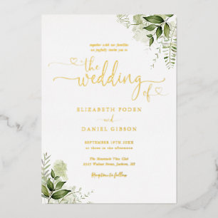 Greenery Hearts Script Calligraphy Wedding Gold Folieneinladung