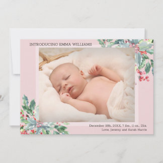 Greenery Holly Bouquet Foto Holiday Pink Birth Ankündigung
