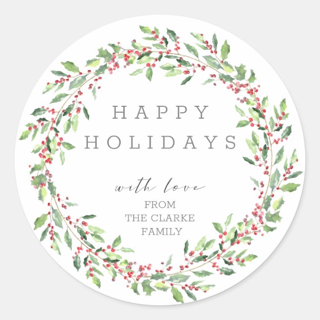 Greenery Holly Wreath Happy Holidays Sticker (Vorderseite)