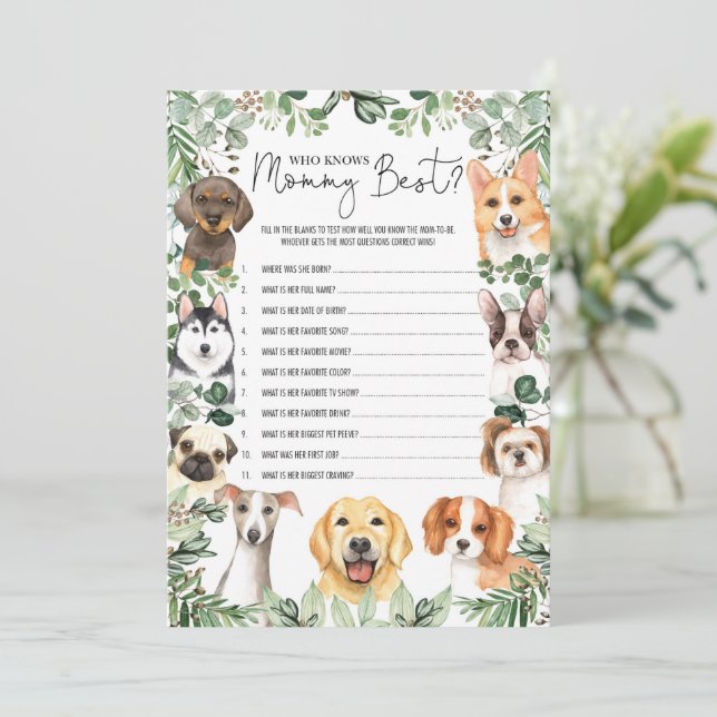 Greenery Hund, der die Mama Best Shower Game Card  Einladung (Stehend Vorderseite)