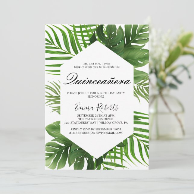 Greenery Hunter Green Quinceañera Einladung (Stehend Vorderseite)