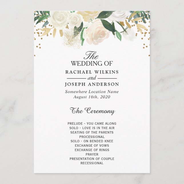 Greenery Ivory Floral Gold Glitzer Wedding Programm (Vorderseite)