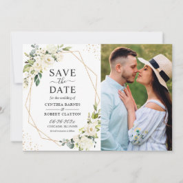 Greenery Ivory White Floral Gold Geometric Foto Save The Date