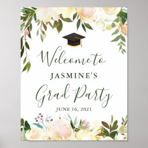 Greenery Ivory White Floral Graduation Party-Zeich Poster