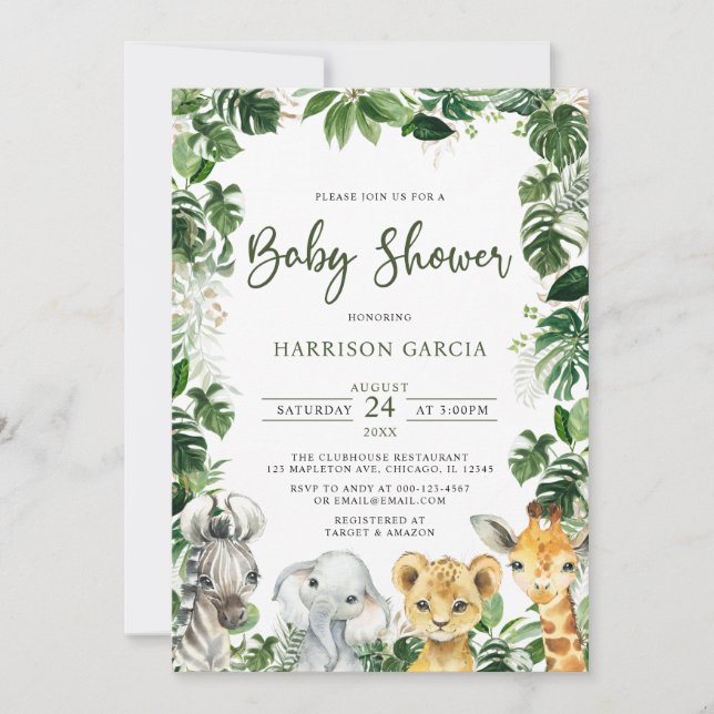 Greenery Jungle Safari Animals Baby Shower Einladung (Vorderseite)