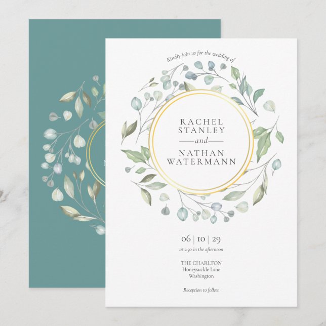 Greenery Laurel Garland Gold Geometric Wedding Einladung (Vorne/Hinten)