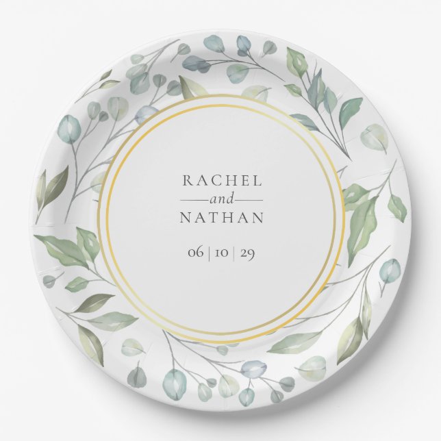 Greenery Laurel Garland Imitate Gold Foil Wedding Pappteller (Vorderseite)