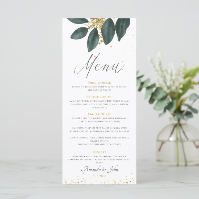 Greenery-Leaf-Hochzeitsmenü des Gold Glitzer Menükarte (Stehend Vorderseite)