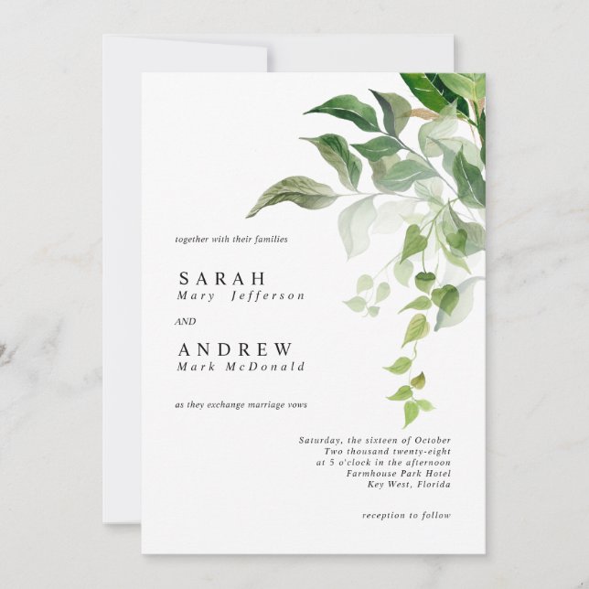 Greenery Leaves Modern Minimal Wedding Einladung (Vorderseite)