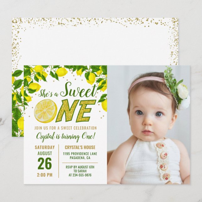 Greenery Lemon Sweet One Birthday Foto Invi Einladung (Vorne/Hinten)