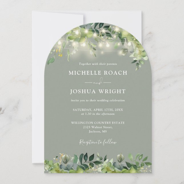 Greenery Lights Arch Sage Green QR Code Hochzeit Einladung (Vorderseite)