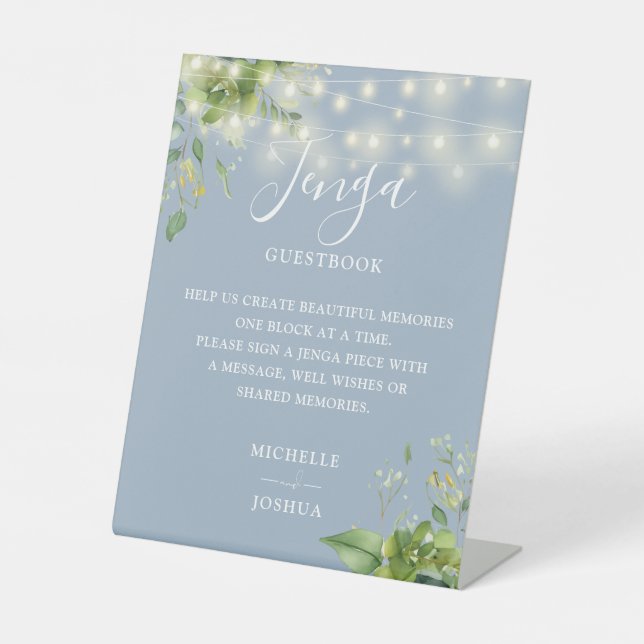 Greenery Lights Dusty Blue Jenga Wedding Gästebuch Sockelschild (Vorderseite)