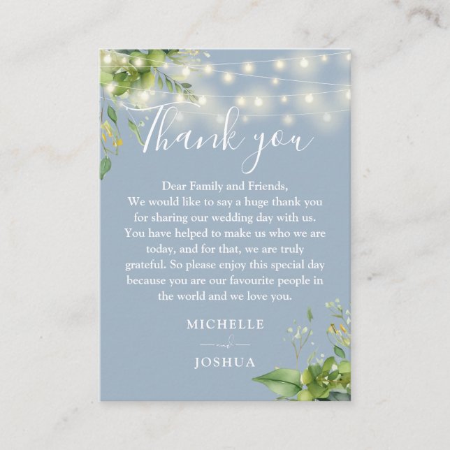 Greenery Lights Dusty Blue Wedding Vielen Dank Platzkarte (Vorderseite)