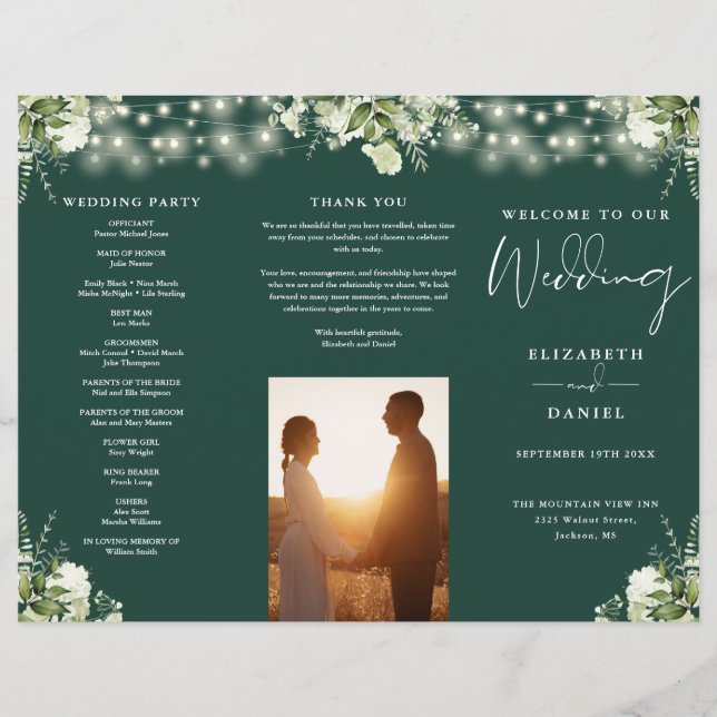 Greenery Lights Emerald Trifold Wedding Program Flyer (Vorne)