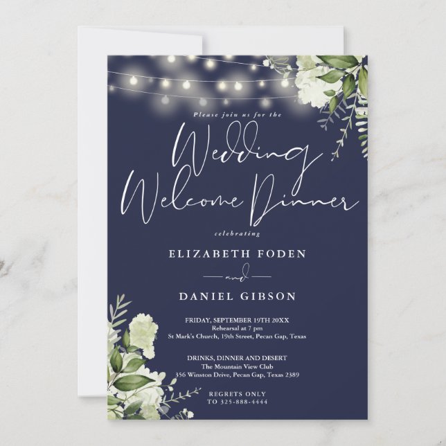 Greenery Lights Navy Blue Wedding Welcome Dinner Einladung (Vorderseite)