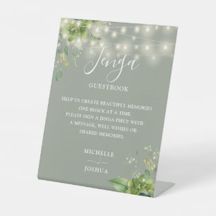 Greenery Lights Sage Green Jenga Wedding Gästebuch Sockelschild
