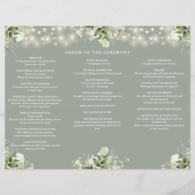Greenery Lights Sage Green Trifold Wedding Program Flyer (Hinten)