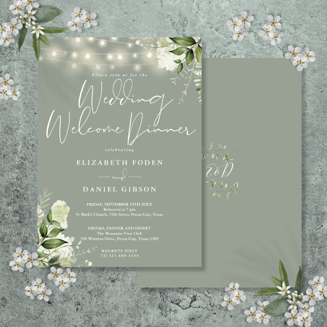 Greenery Lights Sage Green Wedding Welcome Dinner Einladung (Greenery Lights Sage Green Wedding Welcome Dinner Invitation)