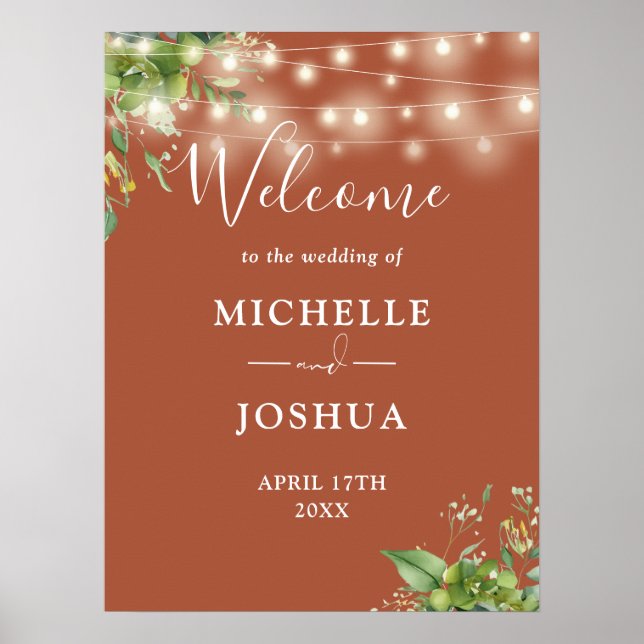 Greenery Lights Terracotta Wedding Willkommenszeic Poster (Vorne)