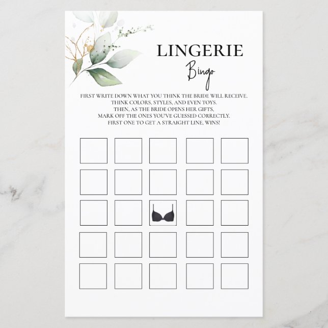 Greenery Lingerie Bingo Brautparty (Vorderseite)
