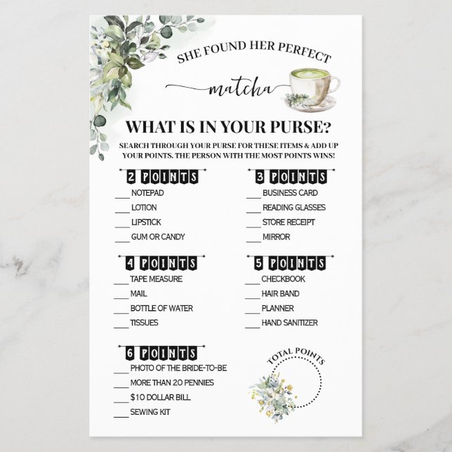 Greenery Matcha What is in Purse Shower Game Card Flyer (Vorne)