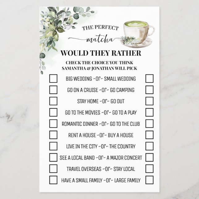 Greenery Matcha Would They Rather Shower Game Card Flyer (Vorne)