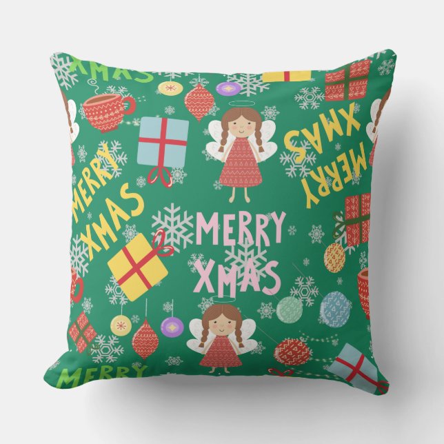 Greenery Merry Xmas Text mädchenhaft rot gelb Must Kissen (Vorderseite)