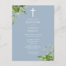 Greenery Monogram Baptism Dusty Blue Einladung