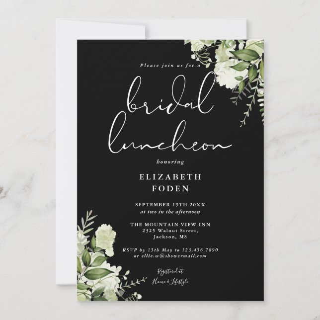 Greenery Monogram Black and White Bridal Luncheon Einladung (Vorderseite)