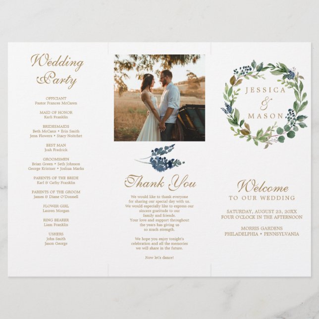 Greenery Navy Gold Trifffalten Hochzeitsprogramme (Vorne)