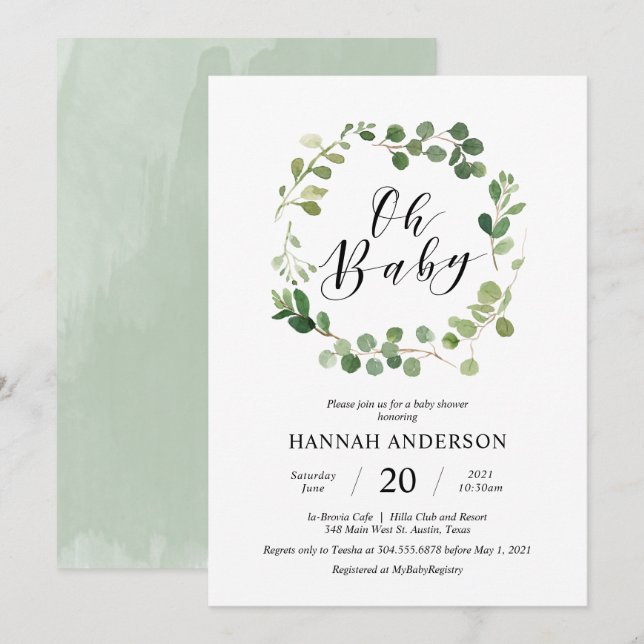 Greenery Oh Baby Shower Modernes Skript Einladung (Vorne/Hinten)