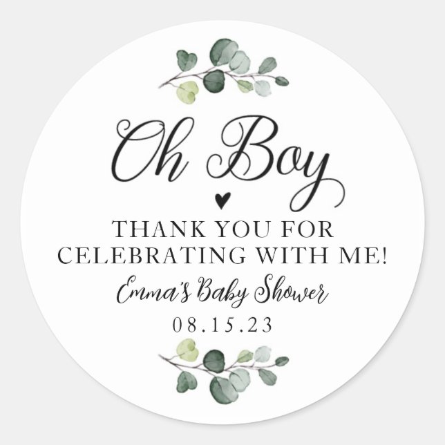 Greenery Oh Boy Baby Shower Sticker (Vorderseite)