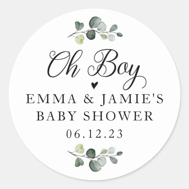 Greenery Oh Boy Baby Shower Sticker (Vorderseite)