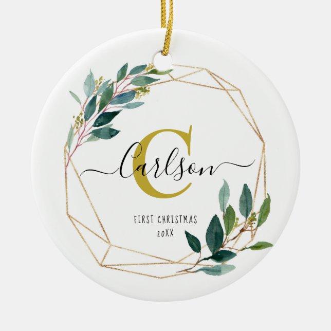 Greenery Personalisiert First Christmas Name Initi Keramik Ornament (Vorne)