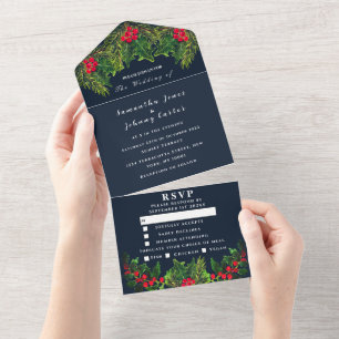 Greenery Pine Winter Navy Blue Watercolor Wedding All In One Einladung